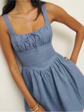 Reformation Blue Linen Mini Dress | Size 2 | Tie Front | 100% Linen